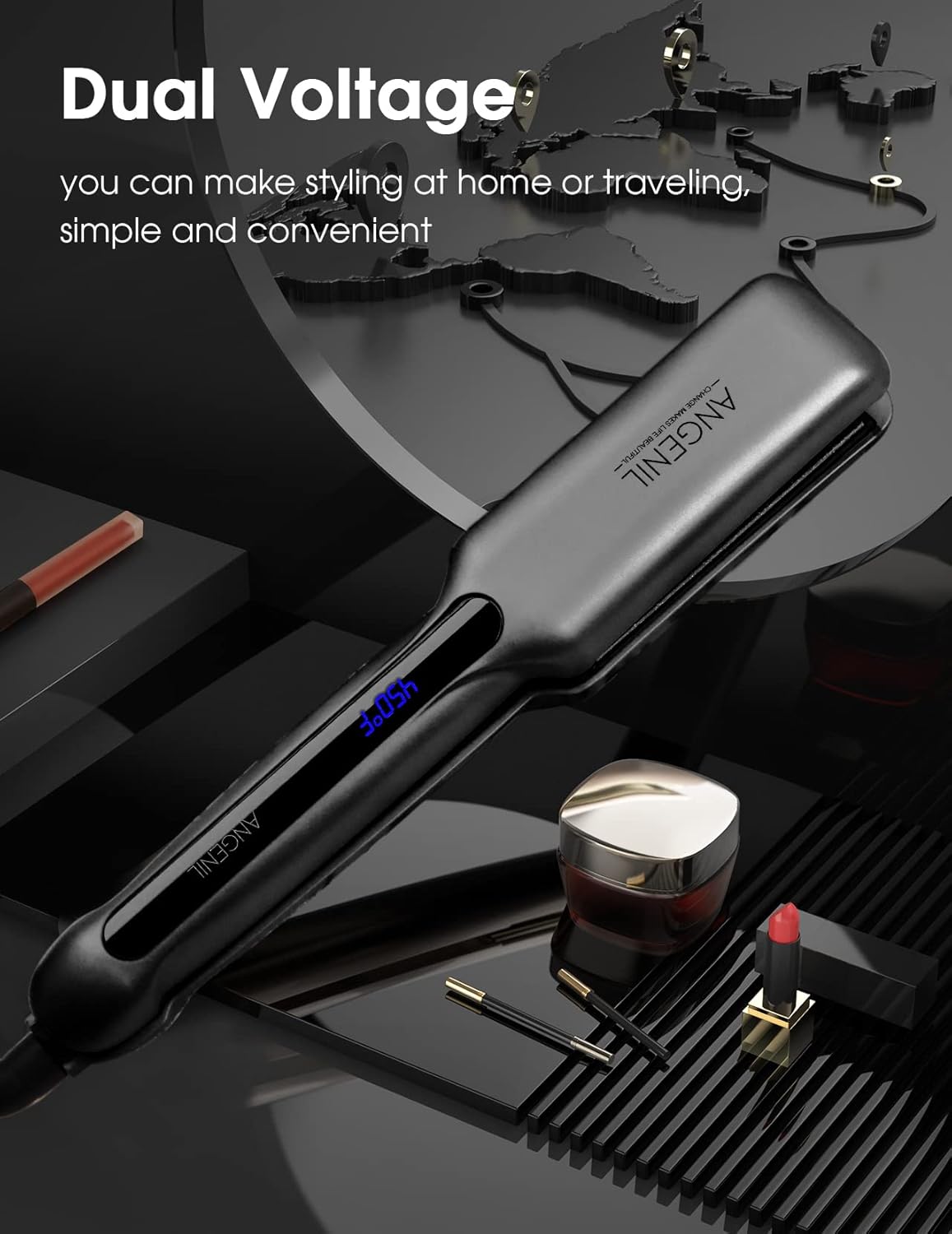 ANGENIL Tourmaline Ceramic Flat Iron Hair Straightener 1.6 inch Wide, Straightening and Curling Iron 2 in 1, Dual Voltage Hair Curler for Womens Smoother &Thick Hair, 30S Fast Heating, LCD Display - Image 5