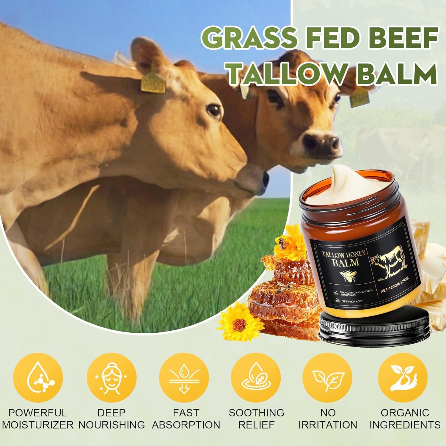 Organic Whipped Beef Tallow Face and Body Moisturizer with Raw Honey and Beeswax, 4.23 oz - Image 6