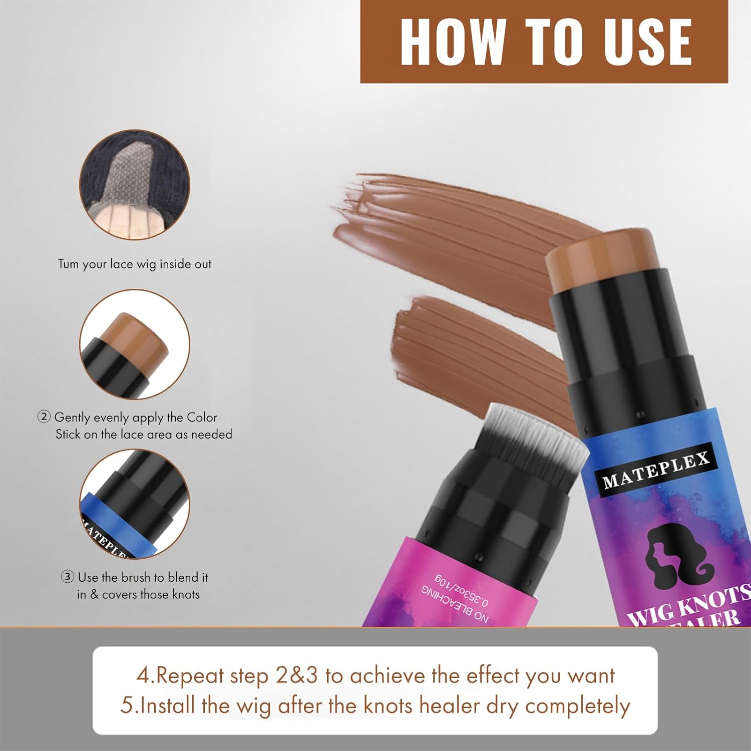 Wig Knot Concealer and Healer, Brown-02, 5 Latest Colors, Sweatproof, Portable, Double-head for Lace Wigs Frontal Part & Hairline, Stick with Brush, Makes Wigs Look Natural, Natural Material - Image 3