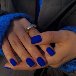 Matte Royal Blue Press on Nails Short Square, KXAMELIE Gel Nails Glue on Acrylic Nails Press ons Featured Protective Coat Thick Reusable Fake Nails Solid Color 24 Short Coffin Artificial Nails