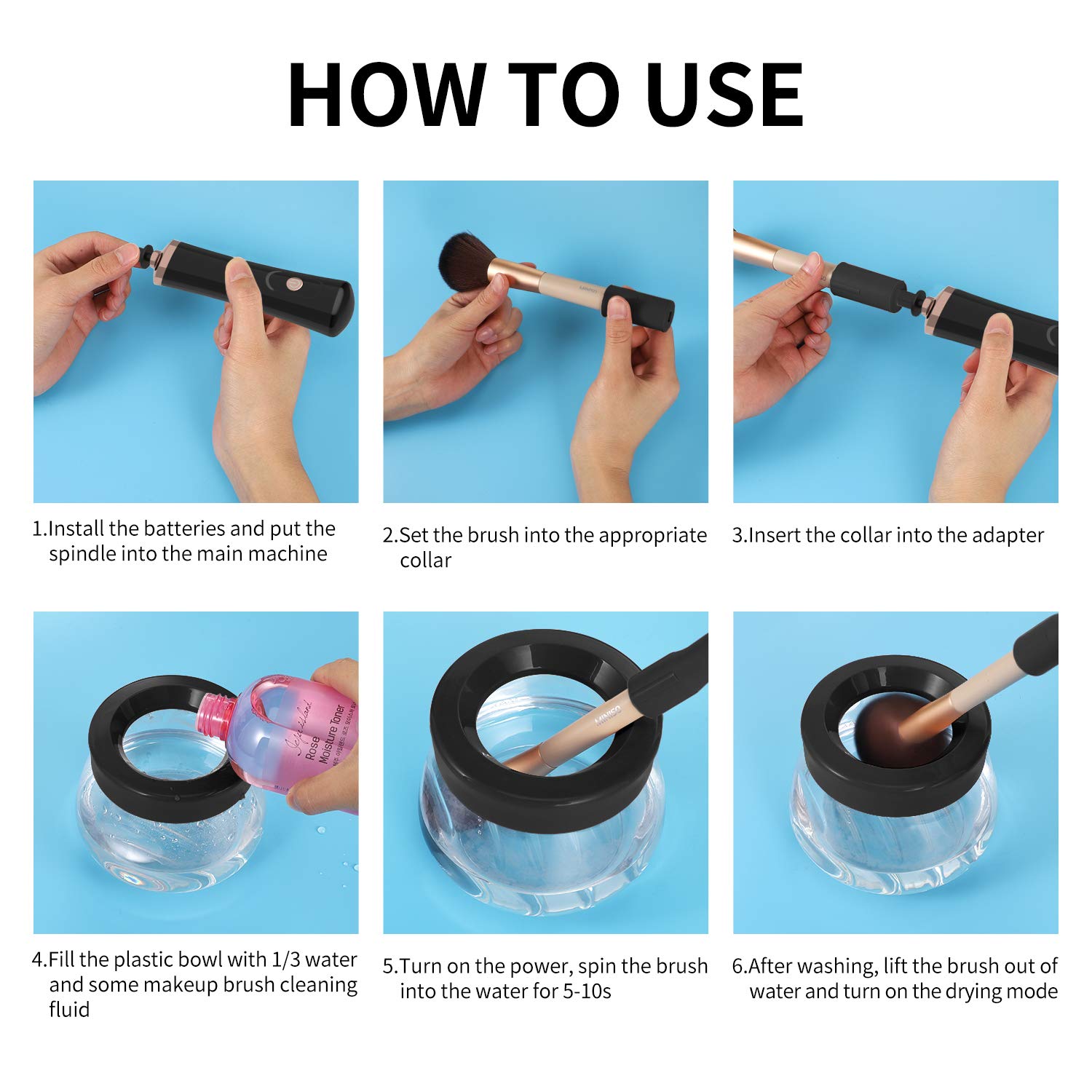 Senbowe Upgraded Makeup Brush Cleaner and Dryer Machine, Electric Cosmetic Automatic Brush Spinner with 8 Size Rubber Collars, Wash and Dry in Seconds, Deep Cosmetic Brush Spinner for All Size Brushes - Image 8
