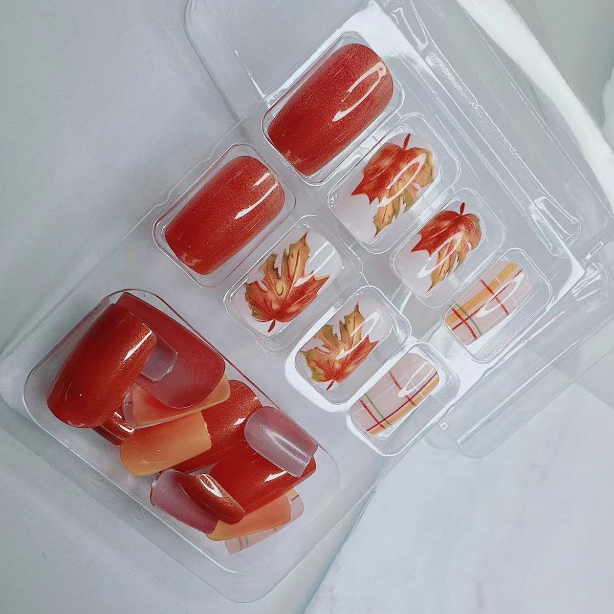 Thanksgiving Fall Press on Nails Medium Square Fake Nails Maple Leaf Orange Glitter Plaid Acrylic Nails Press ons Cute Autumn Leaves Design Full Cover Fall Coffin False Nails Stick on Nails for Women - Image 6