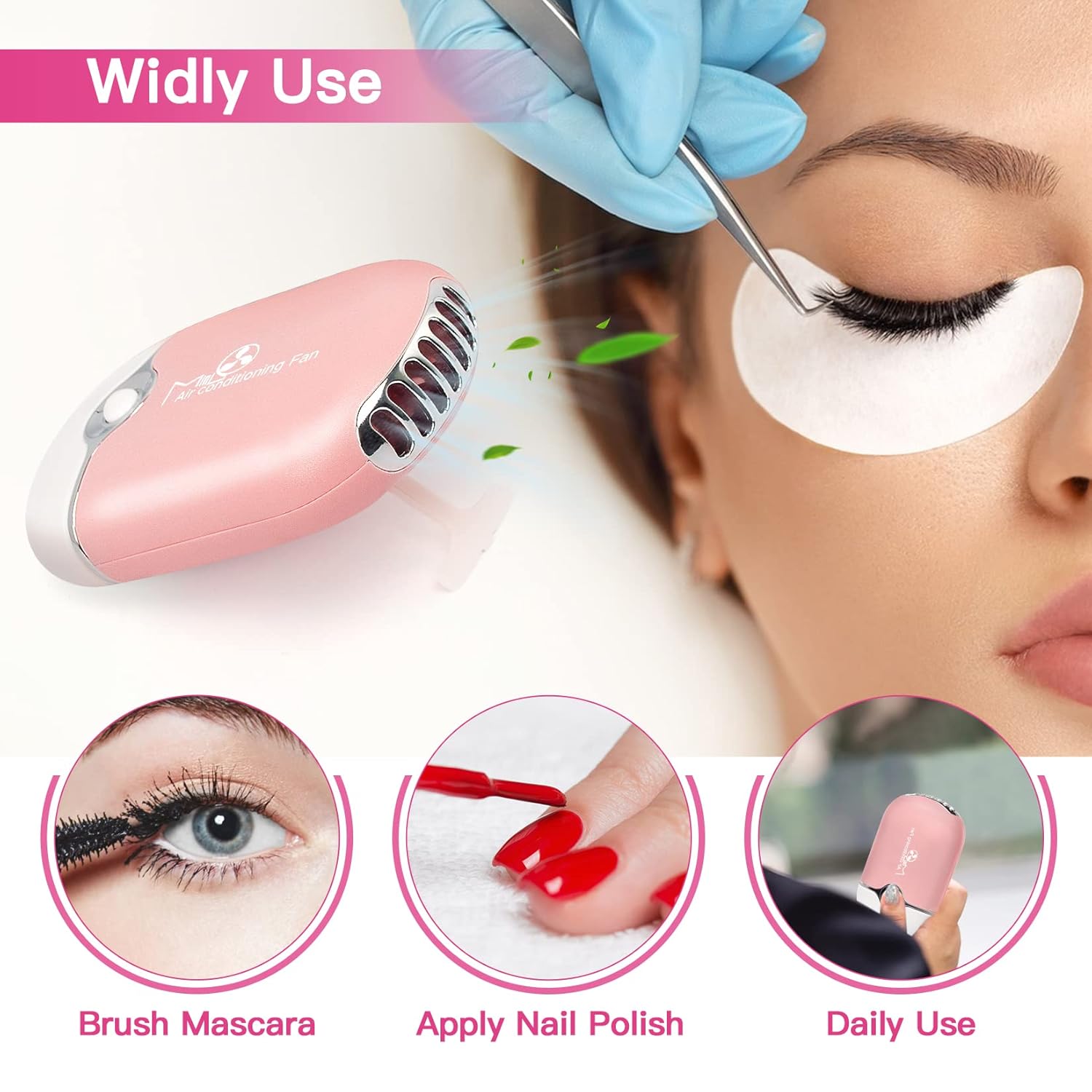 Lash Fan Mini Portable Eyelash Fan Handheld for Eyelash Extension Rechargeable USB C Air Cooling Blower with Built in Sponge Lash Extension Application(Pink) - Image 2
