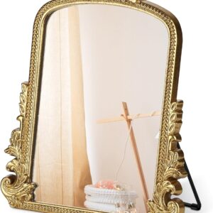 Vintage Makeup Mirror, Vanity Desk Mirror Antique Traditional Tabletop Mirror, Standing, Hang or Wall Mounted, Adjustable Dress-up Mirror, Gold Decor Mirror for Living Room,Bedroom (gold, 12*9.8 in)