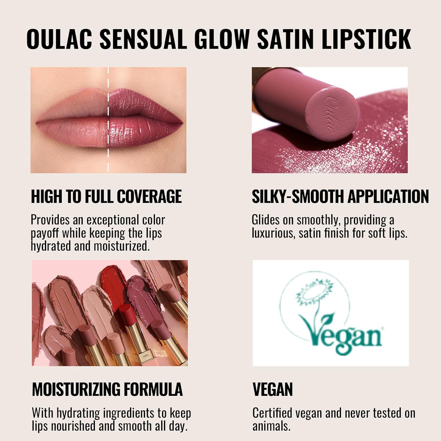 Oulac Beige Lipsticks for Women, Pale Nude Matte Lip Base, Full Coverage Lip Color, Satin Matte Finish, Cream Texture, Hydrating, Infused with Hyaluronic Acid, Vegan & Clean Beauty 4g SG01 Bare - Image 5