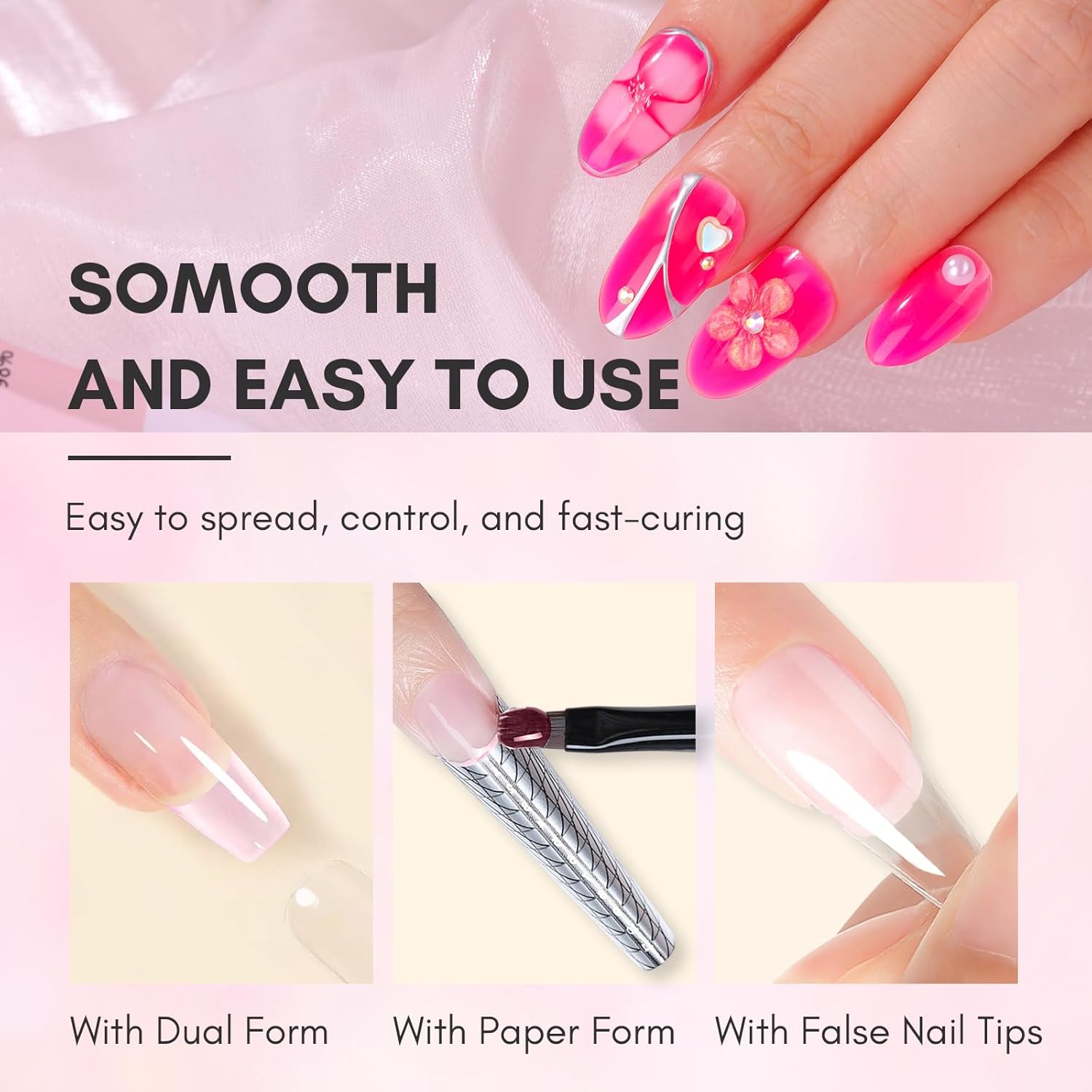 Makartt Poly Nail Gel-50ML Large Capacity-Dazzling Pink Color, Strong Builder for Extension Overlay Strengthener 3D Diy, Long-lasting for Nails French Manicures Home Salon-Pink Flare - Image 5