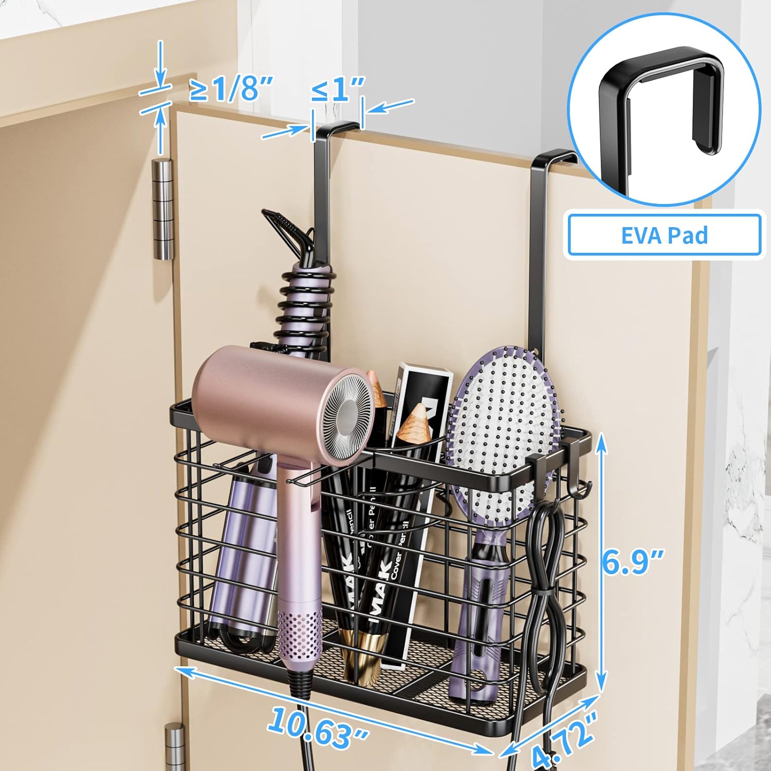 OVICAR Hair Dryer Holder - 3-in-1 Hair Tool Organizer Blow Dryer Holder Adjustable Height Wall Mounted/Cabinet Door Bathroom Organizer Storage for Hair Dryer, Flat Irons, Curling Wands, Straighteners - Image 3