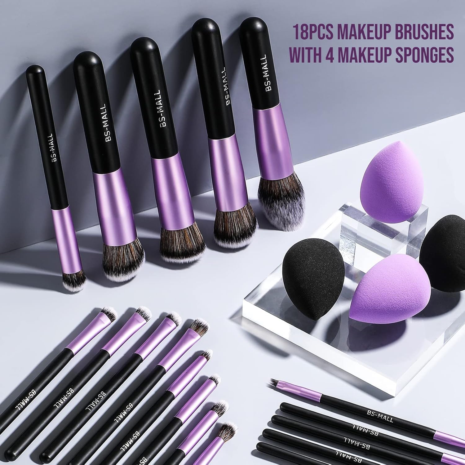 BS-MALL Makeup Brushes Premium Synthetic Foundation Powder Concealers Eye Shadows Makeup 18 Pcs Brush Set with 4 Pcs Makeup sponge Set - Image 2