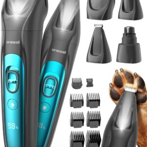 oneisall LED Light Dog Clippers for Grooming, Cordless Dog Grooming Kit 4 in 1, 2000mAh Dog Grooming Clippers Paw Trimmer Nail Grinder for Paw, Nail, Face, Ears, Legs, Body