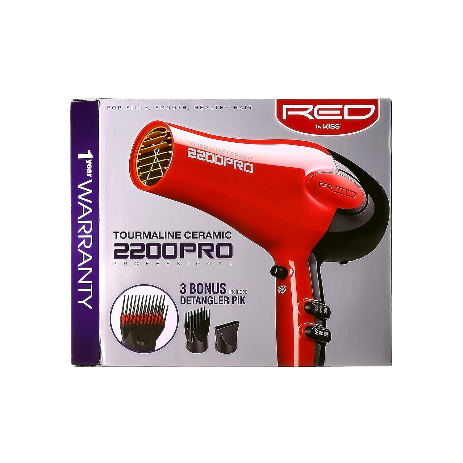 RED by Kiss Tourmaline Ceramic 2200W PRO - Professional Hair Dryer with Extra Combs, Frizz-Free Hair, Six Heat Settings Blow Dryer - Image 4