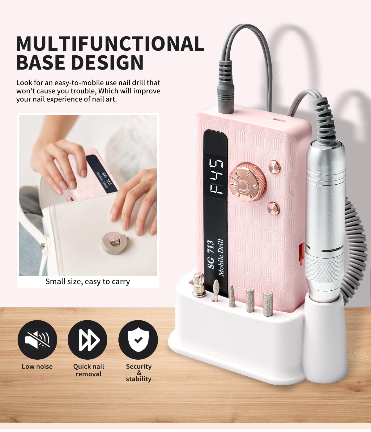 Electric Nail File Professional Kit - 45000RPM Portable Nail Drill Electric File with 11 Bits & Base丨LED Screen丨Ultra-Silent, Rechargeable Nail Drills Machine for Acrylic Nails Gel Polishing (Pink) - Image 7