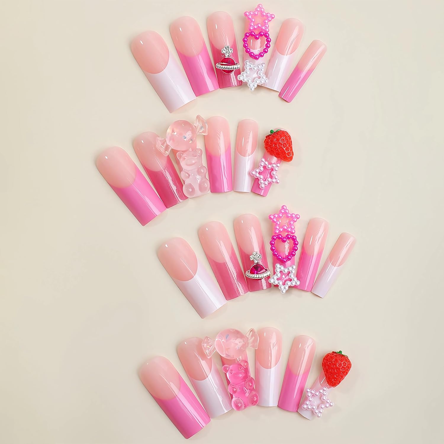 BABALAL Pink Press on Nails Long Square Fake Nails Cute Glue on Nails 3d Bear Candy Star Heart Strawberry Charm Acrylic Nails Rhinestone Squoval Manicure Stick on False Nails 24Pcs Nails Press on - Image 3