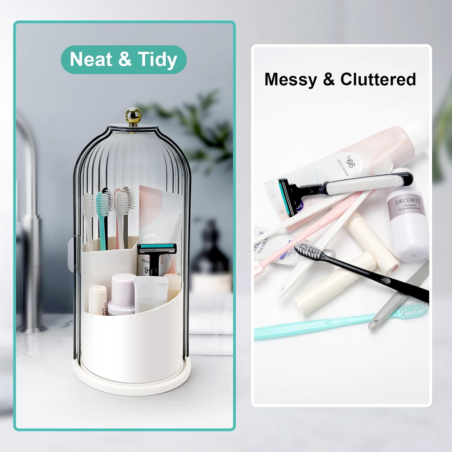 Toothbrush Holders with Sliding Lid, Rotating 3 Slots Bathroom Organizer Countertop, Tooth Brush Toothpaste Holder Bathroom Counter Stand Sink Organizer Caddy for Vanity Makeup Brushes Holder - Image 4