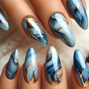 Blue Gradient Marble Press on Nails Gold Glitter Glue on Nails Long Almond False Nails Mirror Artificial Acrylic Nails for Women Girls