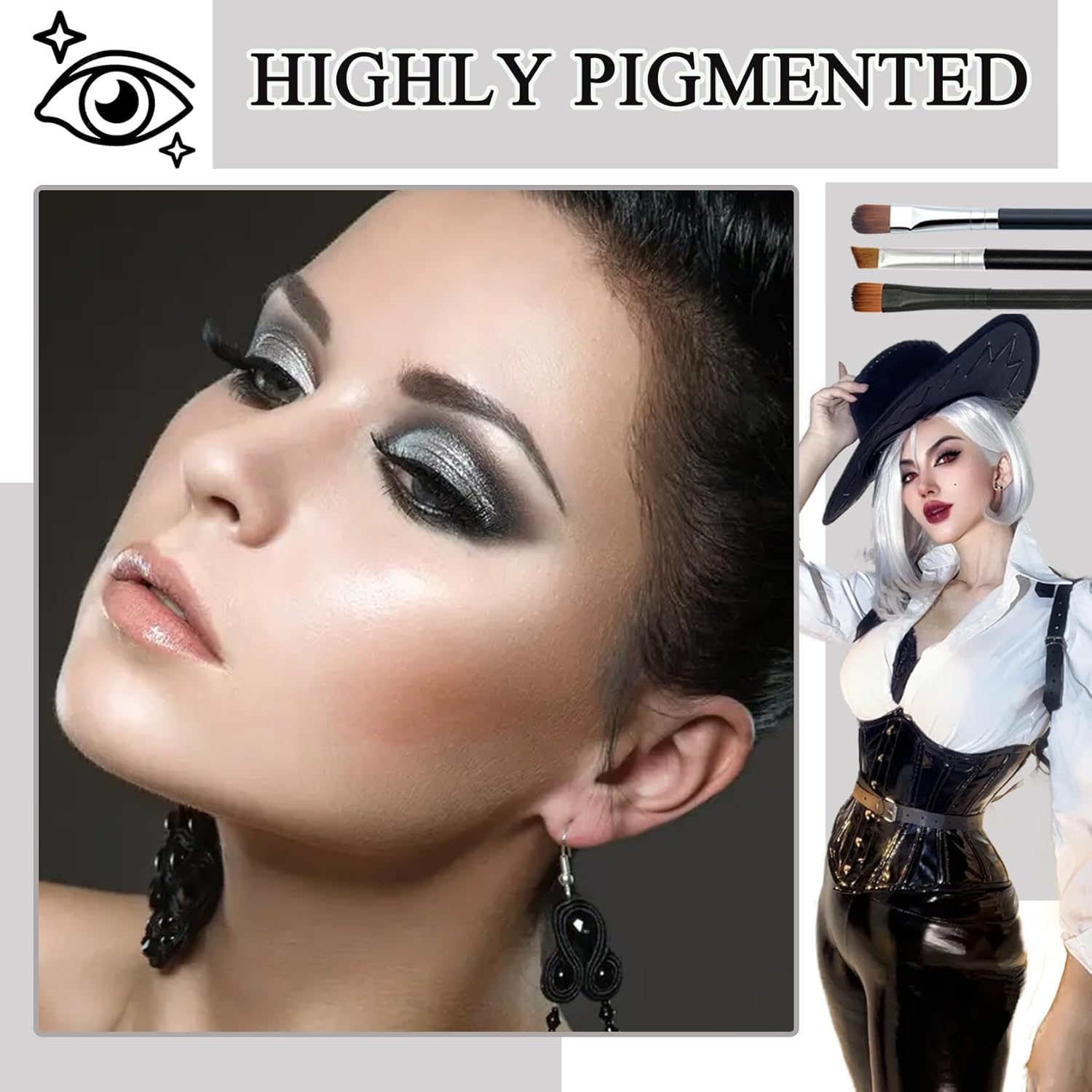 15 Color Black Grey Smoky Eyeshadow Palette Set with 3 Brushes for Daily and Halloween Looks - Image 3
