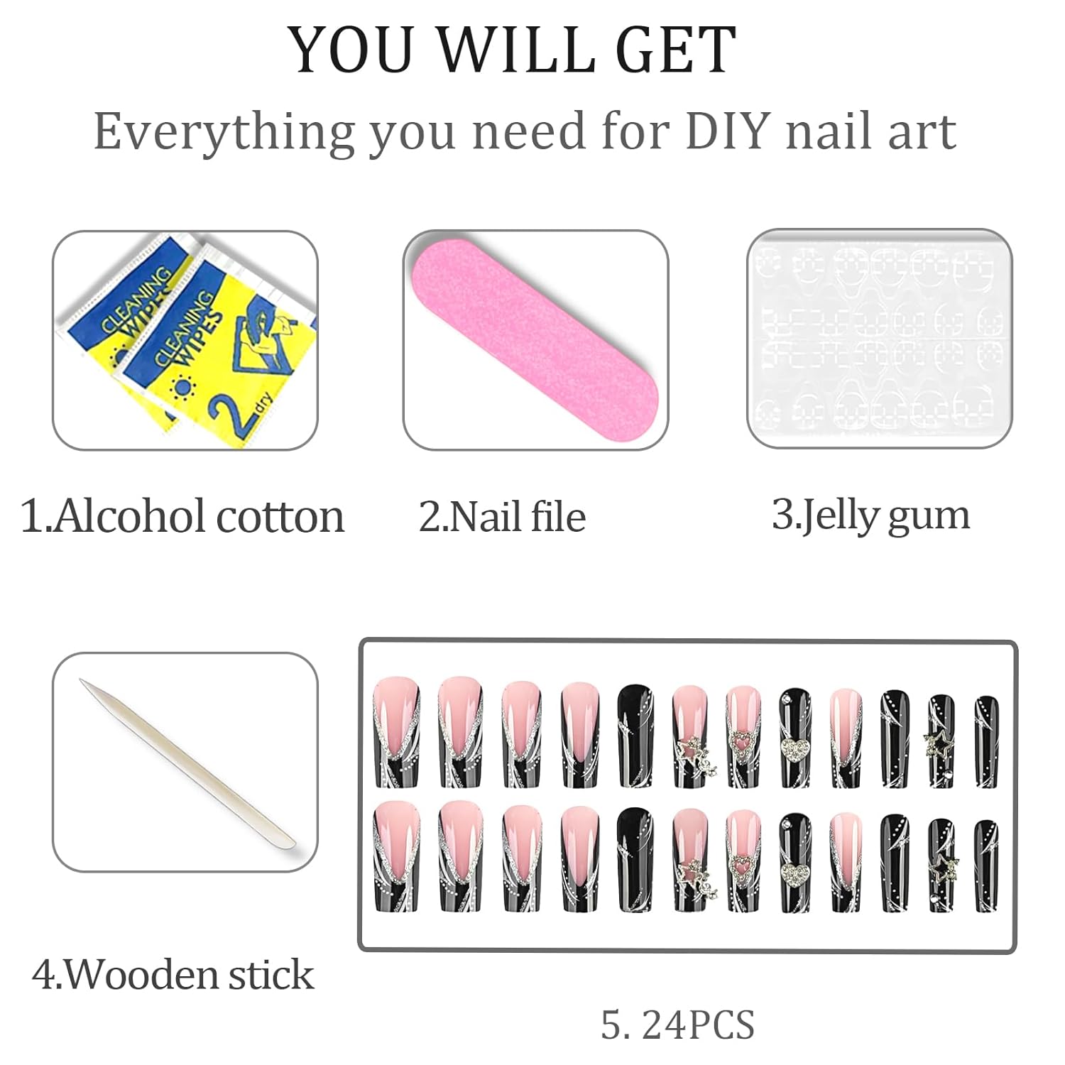 Long Press on Nails Black French Tip Long Fake Nails Coffin Press on Nails Square Black False Nails with Silver Star Charm Design Acrylic Nails Press on Artificial Nails Stick on Nails For Women-24Pcs - Image 6