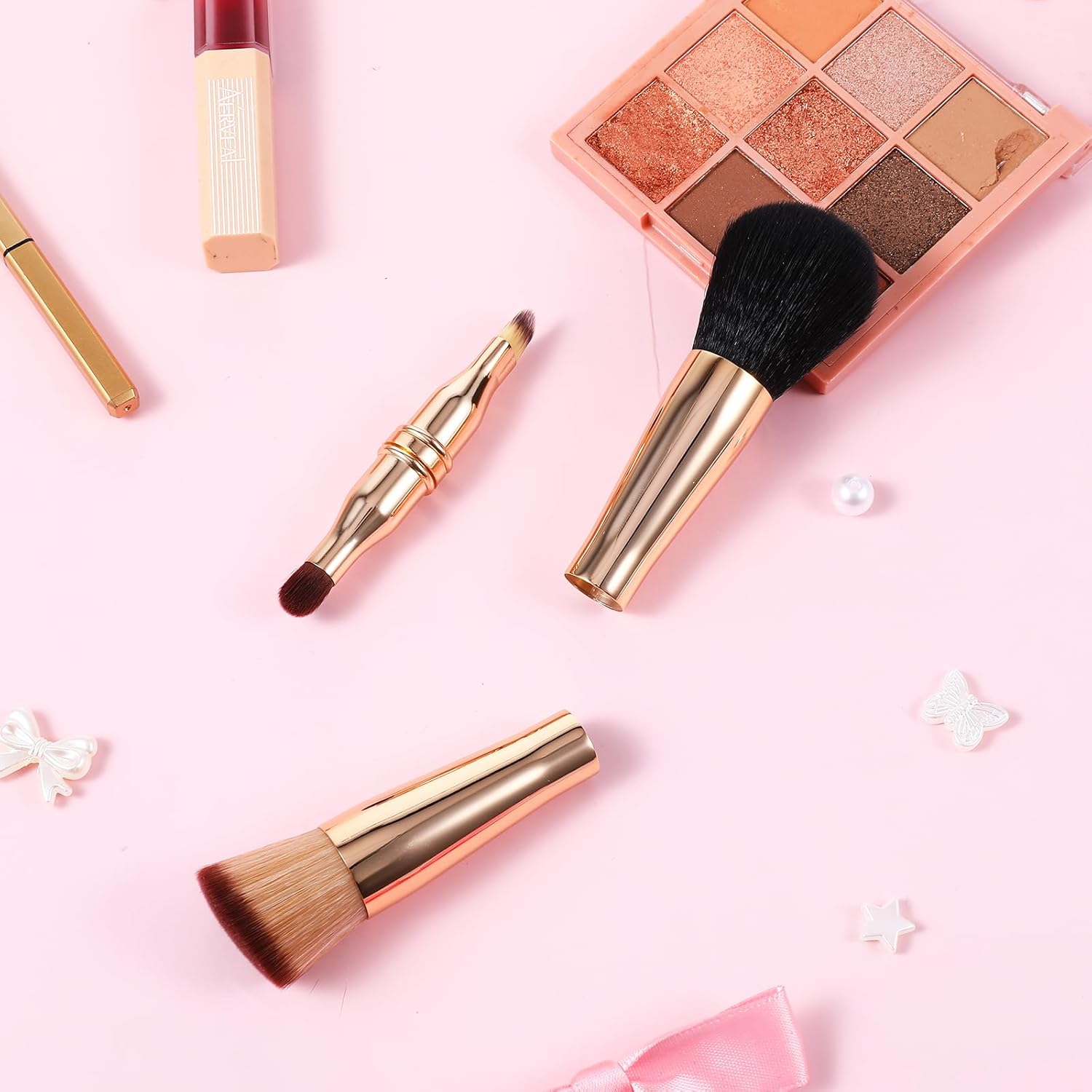 4-in-1 Travel Makeup Brush Set with Case, Dual-Ended Mini Brushes for Foundation, Blush, Eyeshadow, Concealer, Gold - Image 7