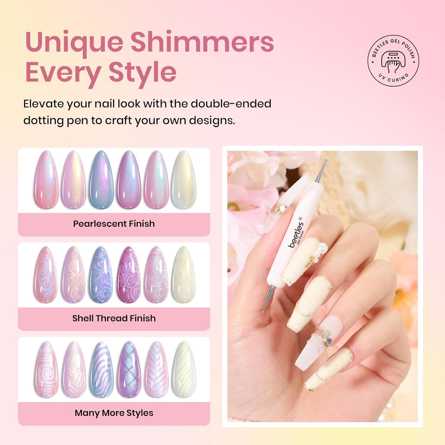 Beetles Pearl Gel Nail Polish, 6 Colors Shimmer Pearl White Pink Purple Mermaid Nail Drawing Gel Polish Soak Off Uv Gel Polish Swirl Shell Thread Effect DIY Manicure Gift for Women - Image 4