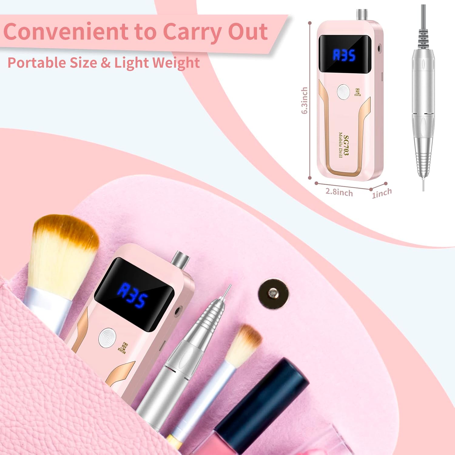 Portable Nail Drill Professional 35000 RPM, MOCOWIND Rechargeable Electric Nail File Machine E File for Acrylic Gel Polishing Removing, Cordless E-file with Bits Kit for Manicure Salon Home,Pink - Image 3