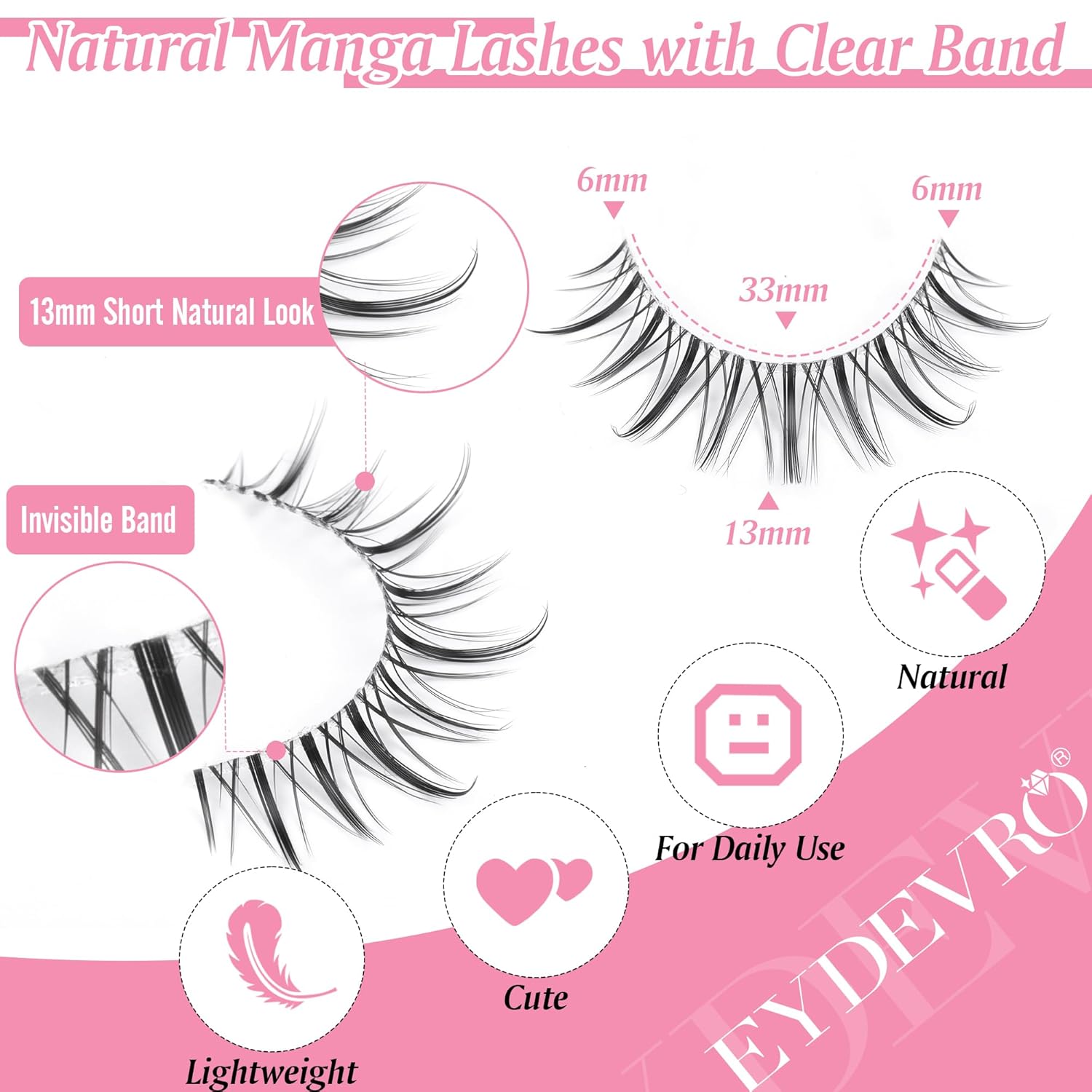 EYDEVRO Manga Eyelashes - Natural Look Anime Lashes with Clear Band - Asian Korean Style - Cute Anime Eyelashes - Wispy 3D Lashes - 7 Pairs Pack - Image 2