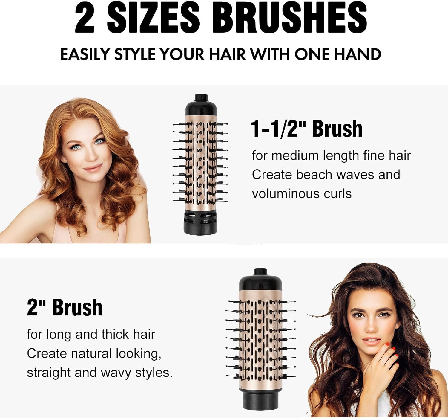 DAILYLIFE Rotating Hair Dryer Brush, Hot Air Brush with 2 Brushes (1.5" & 2"), Hairdryer, Straightener, Curling Iron, and Comb All in one - Image 3