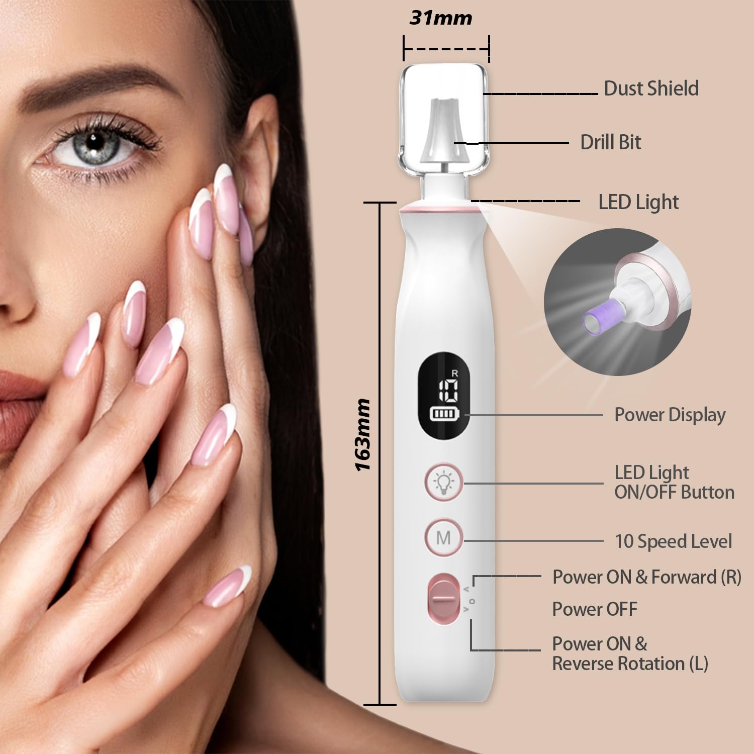 Nail Drill Electric Nail File, with 120*Sanding Bands - 10 Speeds Cordless Manicure Pedicure Kit with LED Light, Portable Nail Drill for Natural & Acrylic Nails, Human & Pet Thick Toenails (White) - Image 7