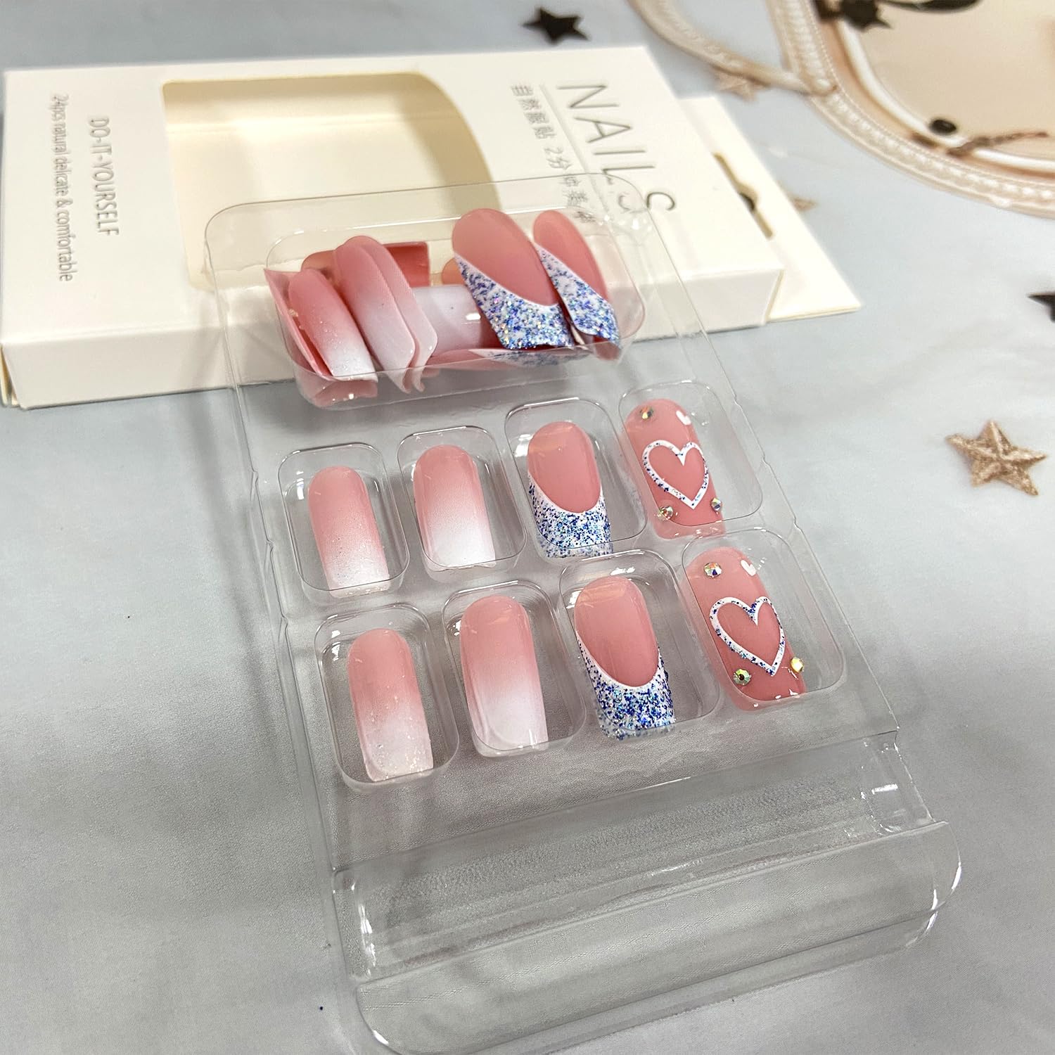 Blue Glitter French Tip Heart Press on Nails Medium Square Fake Nails Glossy Gradient False Nails with Rhinestones Design Reusable Stick on Nails Glue on Nails Acrylic Artificial Nails for Women - Image 4