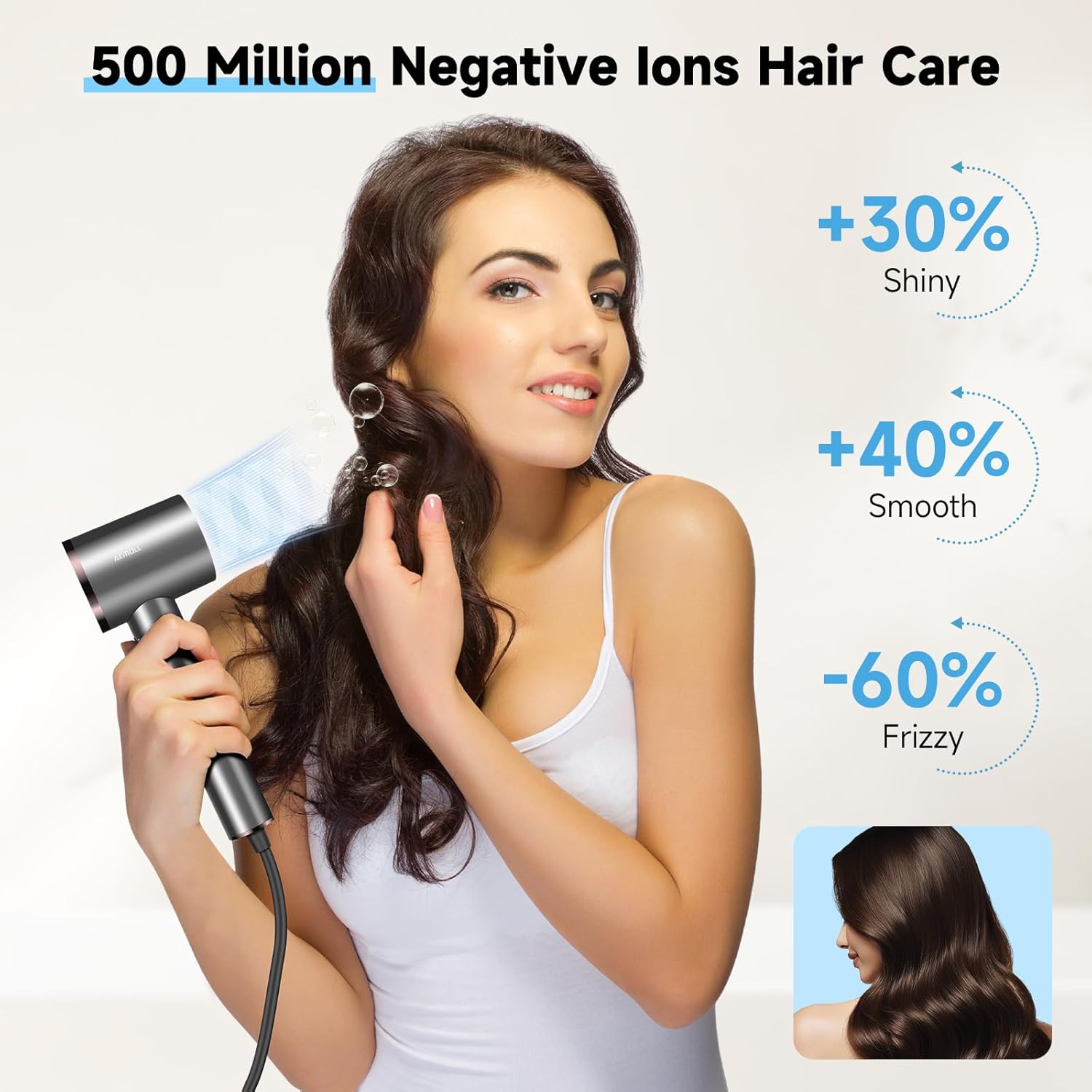 Hair Dryer with Diffuser, 150000RPM Professional High-Speed Negative Ionic Care Blow Dryer, Heat-Control, Fast Drying, Low Noise with Magnetic Diffuser and Nozzle for Women & Men, HD Display (Gray) - Image 3