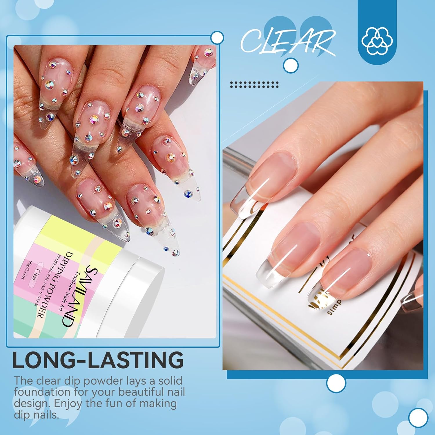 SAVILAND Clear Dip Powder - 2.1 oz/ 60g Dipping Powder Set Crystal Clear for French Natural Nails Art Starter Manicure, Strengthen Nail Easy for Beginners to Use No Nail Lamp Needed - Image 2