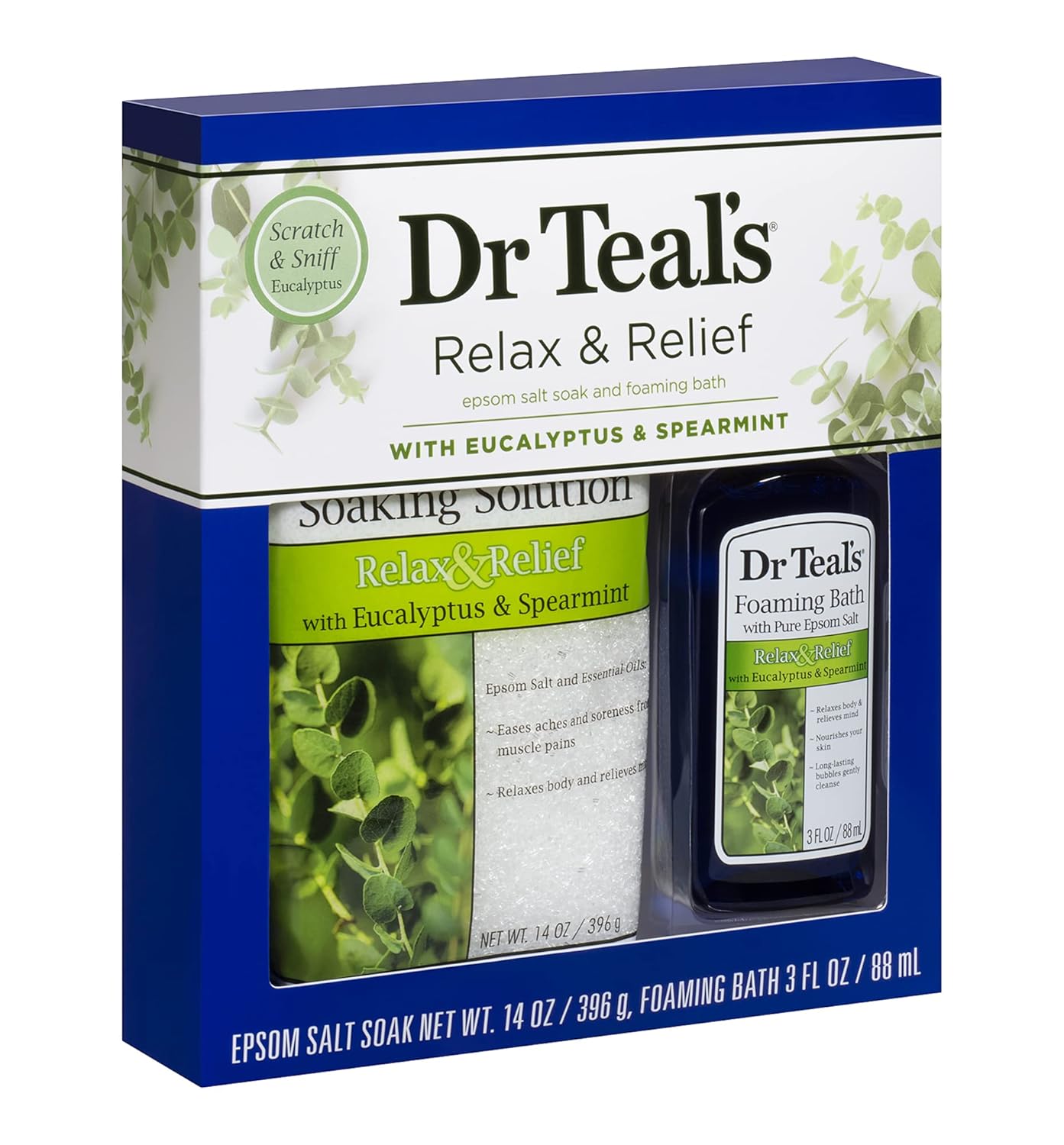 Dr Teal's Eucalyptus Epsom Salt & Foaming Bath Oil Sampler Gift Set - Give The Gift of Rejuvenation & Self Care! - 14 oz Bag of Eucalyptus Bath Salts & 3 oz Bottle of Eucalyptus Foaming Bath Oil - Image 3