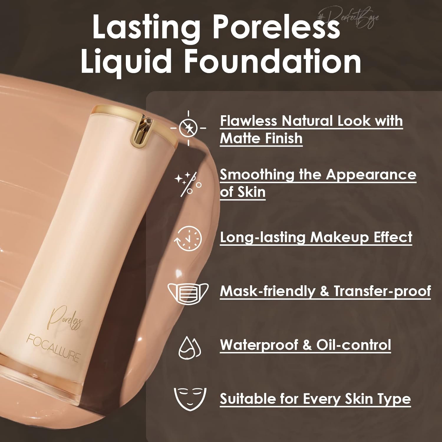FOCALLURE PerfectBase Lasting Poreless Liquid Foundation, Medium to Full Coverage with Matte Finish, Covers Blemishes & Under-Eye Circles for All Skin Types, WP12 Dune - Image 5
