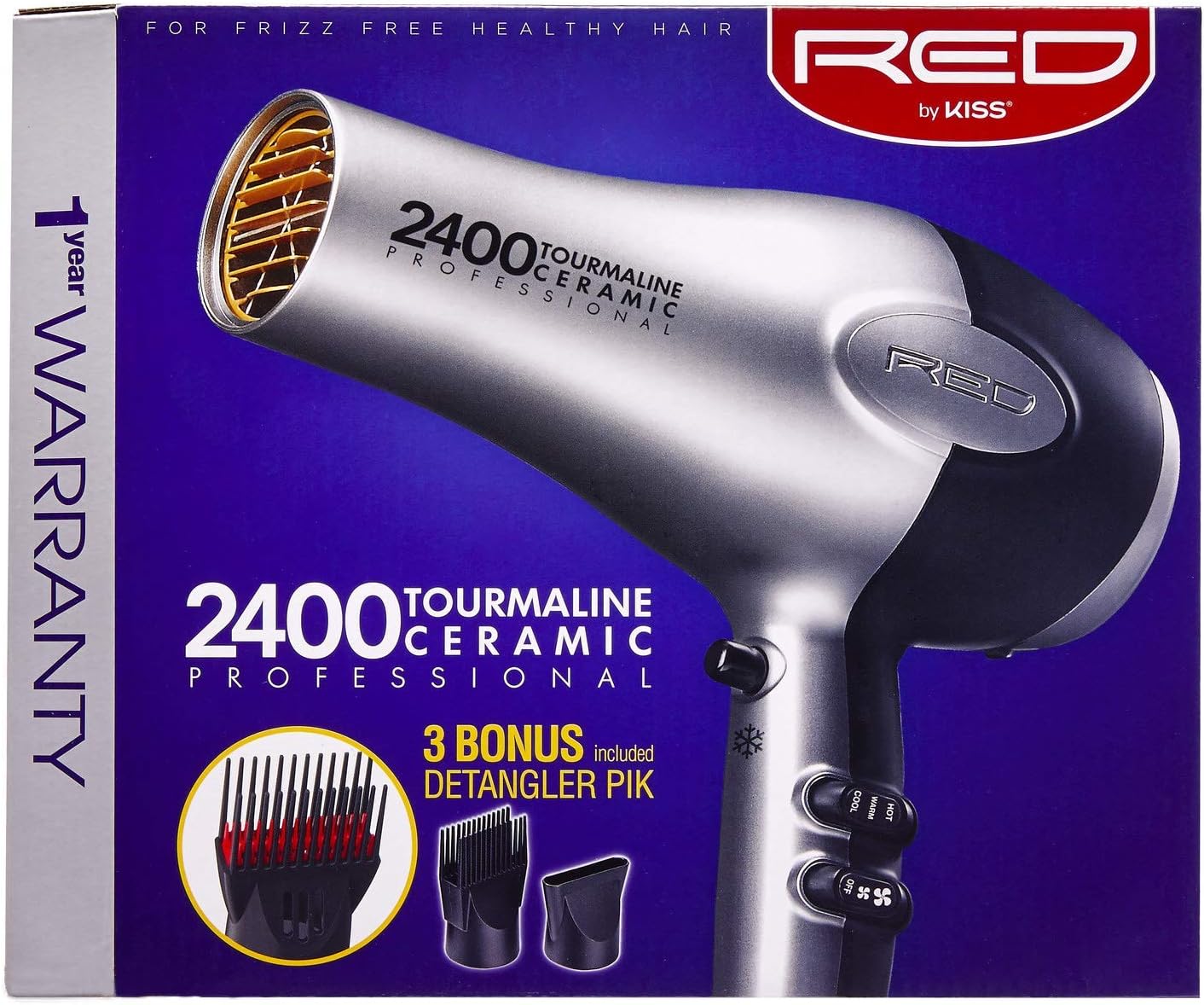 RED by Kiss Hair Dryer 2400 Tourmaline Ceramic Technology, Professional Blow Dryer, Maximum Shine, Fast Drying, Adjustable Settings, 3 Attachments, Salon Quality - Image 2