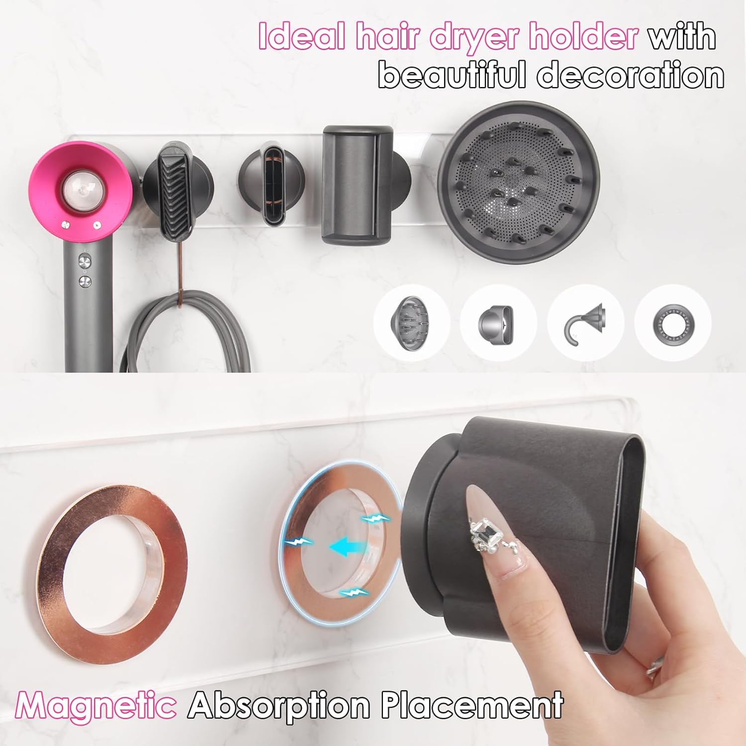 Wall Mount Hair Dryer Holder Compatible with Dyson Supersonic, Hair dryer holder, Acrylic Attachments Organizer with Hooks for Accessories Nozzles, Wide-Tooth Comb, Diffuser (Transparent) - Image 2