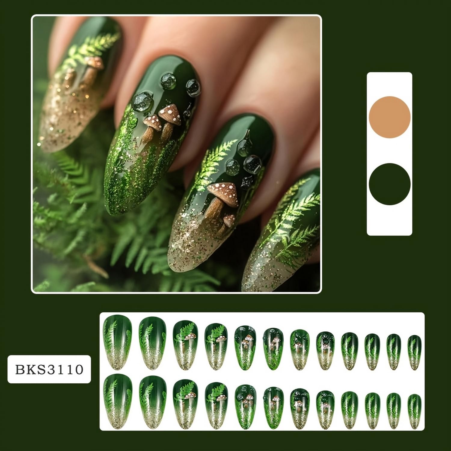 Green Glitter Press on Nails Medium Almond Shaped False Nails with Mushroom and Leaf Designs Gradient Fake Nails Full Cover Spring Acrylic Nails Stick on Nails for Women Nail Art Manicure 24 Pcs - Image 2