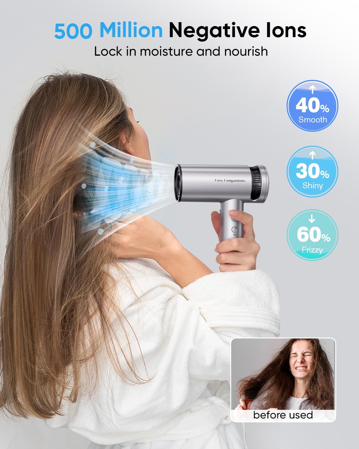 Hair Dryer - High-Speed 150,000 RPM Hairdryer for Fast Drying, 500Million Negative Ionic & Thermo-Control & Cool Shot Button & Lightweight & HD Display Blow Dryer with Magnetic Diffuser & Nozzle - Image 5