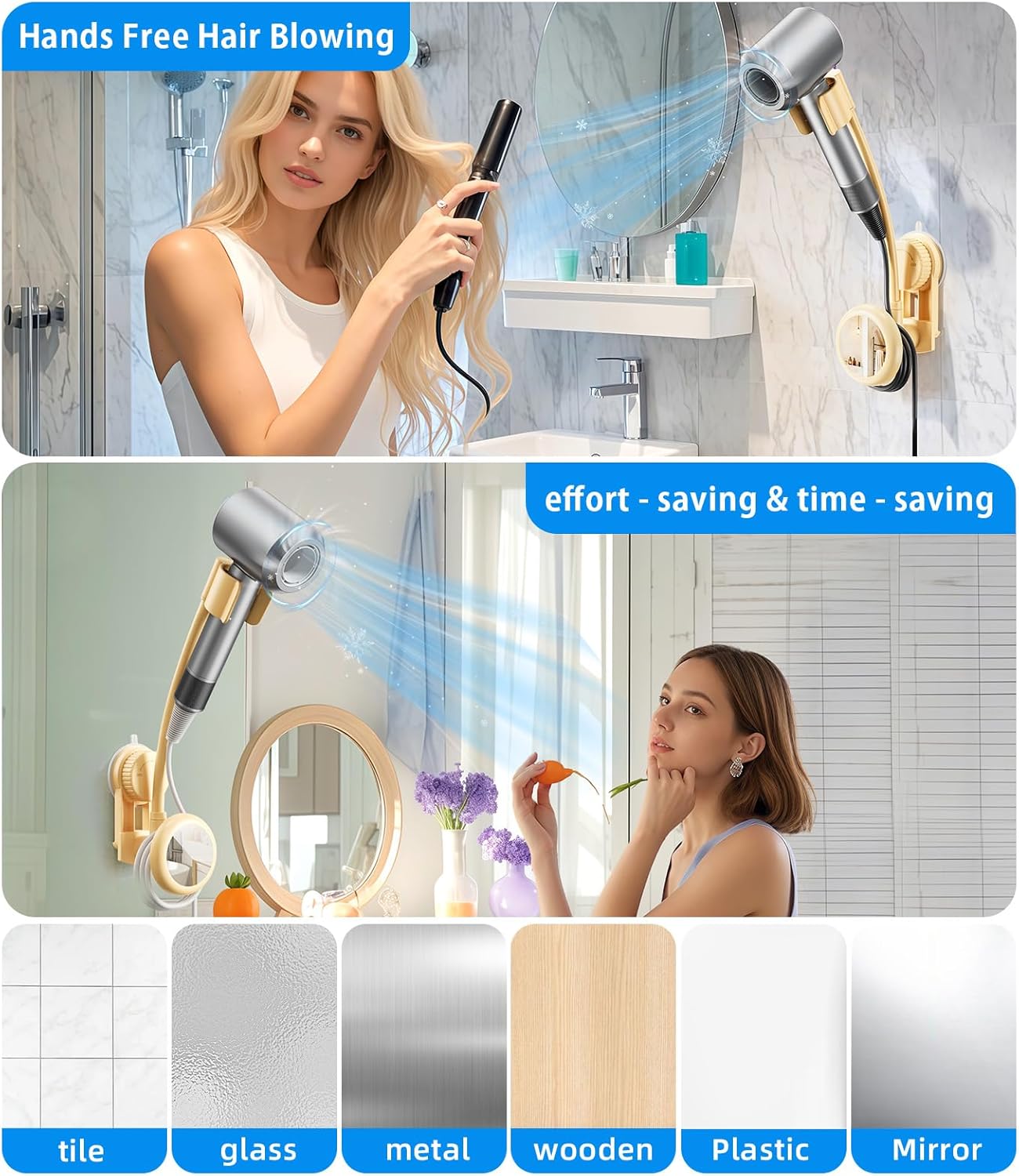 Hands-Free Hair Dryer Holder Wall Mounted with 360° Adjustable Hose, Suction Cup Installation, Built-in Mirror, and Cord Organizer for Blow Dryer, Curling Iron, No Drilling Required - Image 2