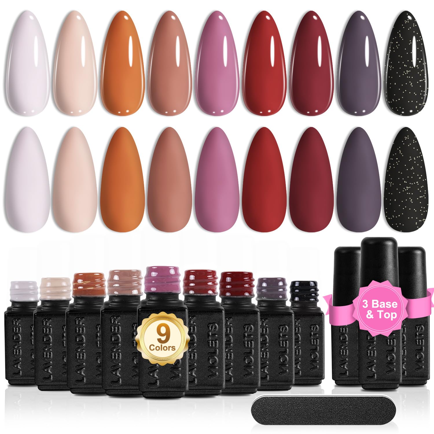 Lavender Violets 13pcs Gel Nail Polish Set – 9 Nude Brown Skin Tone Roasted Chestnuts Chocolate Neutral Beige Khaki Gel Polish Collection All Seasons Nail Art Manicure DIY for Home Salon C600B