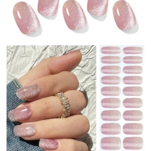 Semi Cured Gel Nail Strips, Nude Cat Eye Gradient 20pcs UV Gel Nails Sticker, Nail Wraps UV for Home Nails DIY