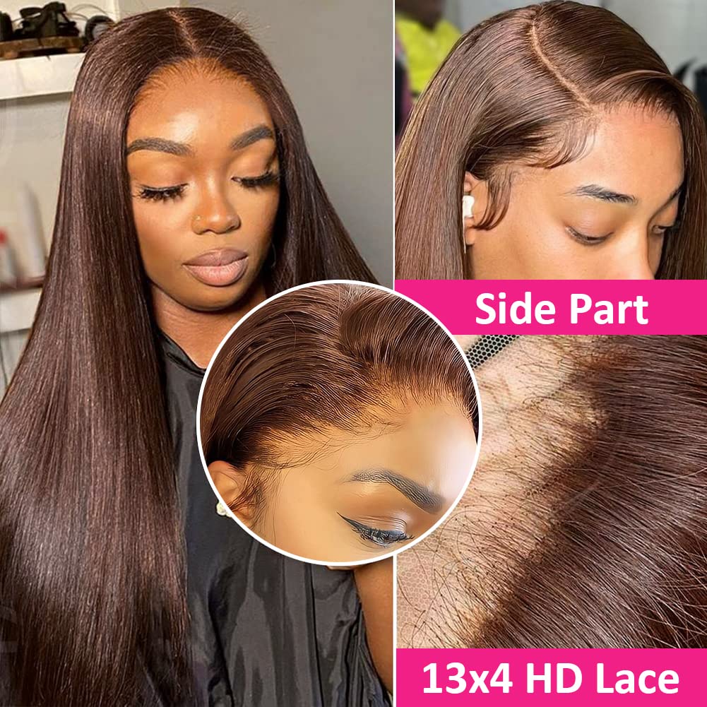 Hermosa 13x4 Chocolate Brown Lace Front Wigs Human Hair with Baby Hair 180 Density Straight Lace Frontal Human Hair Wigs Pre Plucked Hairline 4# Brown Wig 26 Inch - Image 4