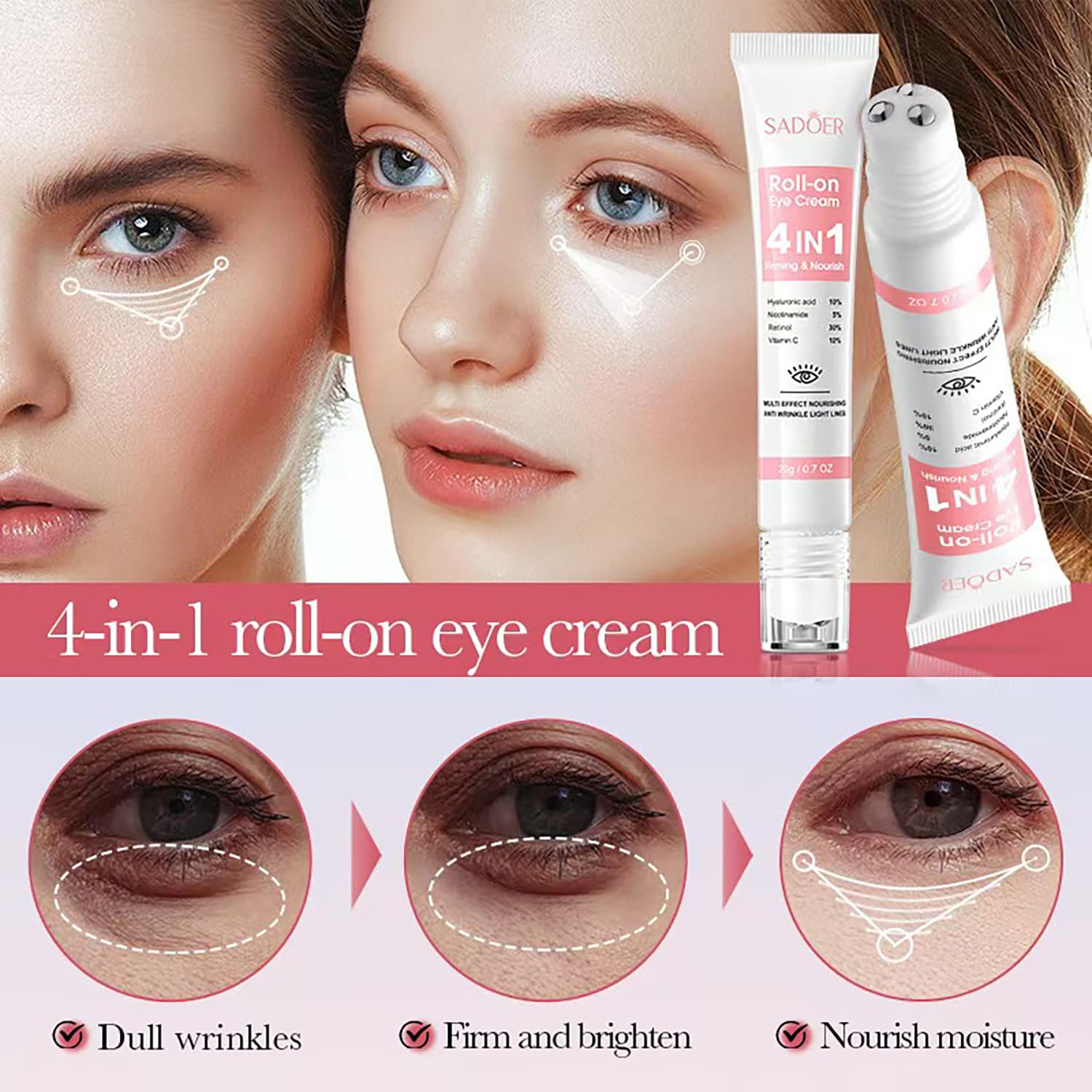 Eye Cream with 10% Hyaluronic Acid, 5% Nicotinamide, 30% Retinol, 10% Vitamin C for Puffy Eye Bags Fine Lines Dark Circles Wrinkles, Under Eye Cream with 360° Eye Roller Massage Ball, 0.7 fl. oz - Image 2