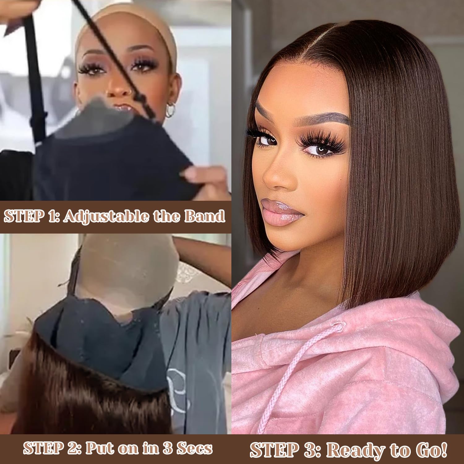 Brown Wear and Go Glueless Wigs Human Hair Pre Plucked Pre Cut 12 Inch 7x5 Chocolate Brown Glueless Bob HD Lace Closure Wig Bleached Knots Short Brown Straight Wig 180% Density for Women - Image 5