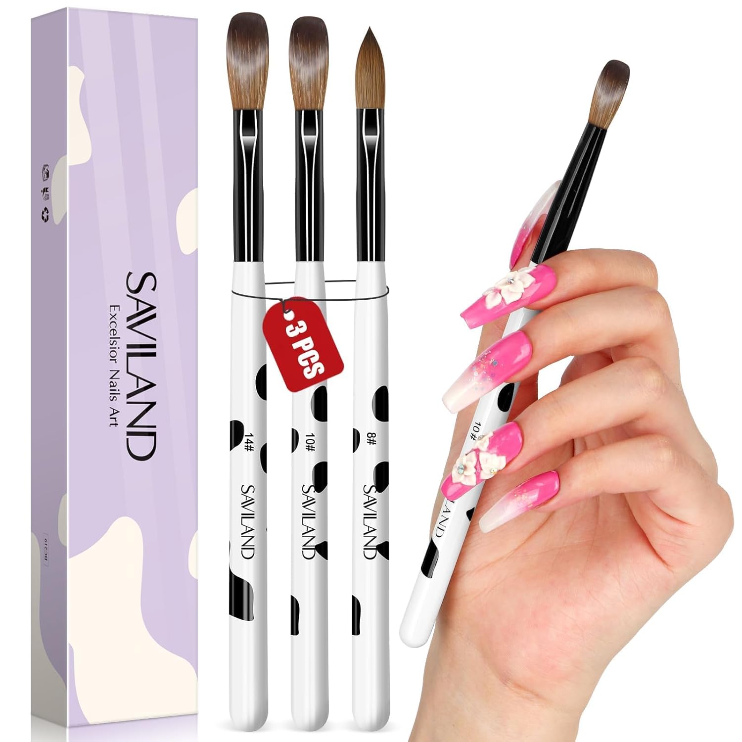 Saviland 3pcs Acrylic Nail Brush Set, Size 8/10/14 Kolinsky Acrylic Nail Brushes for Acrylics Application, Acrylics Powder Nails Art Extension with Black & White Handle for Beginner & Professional