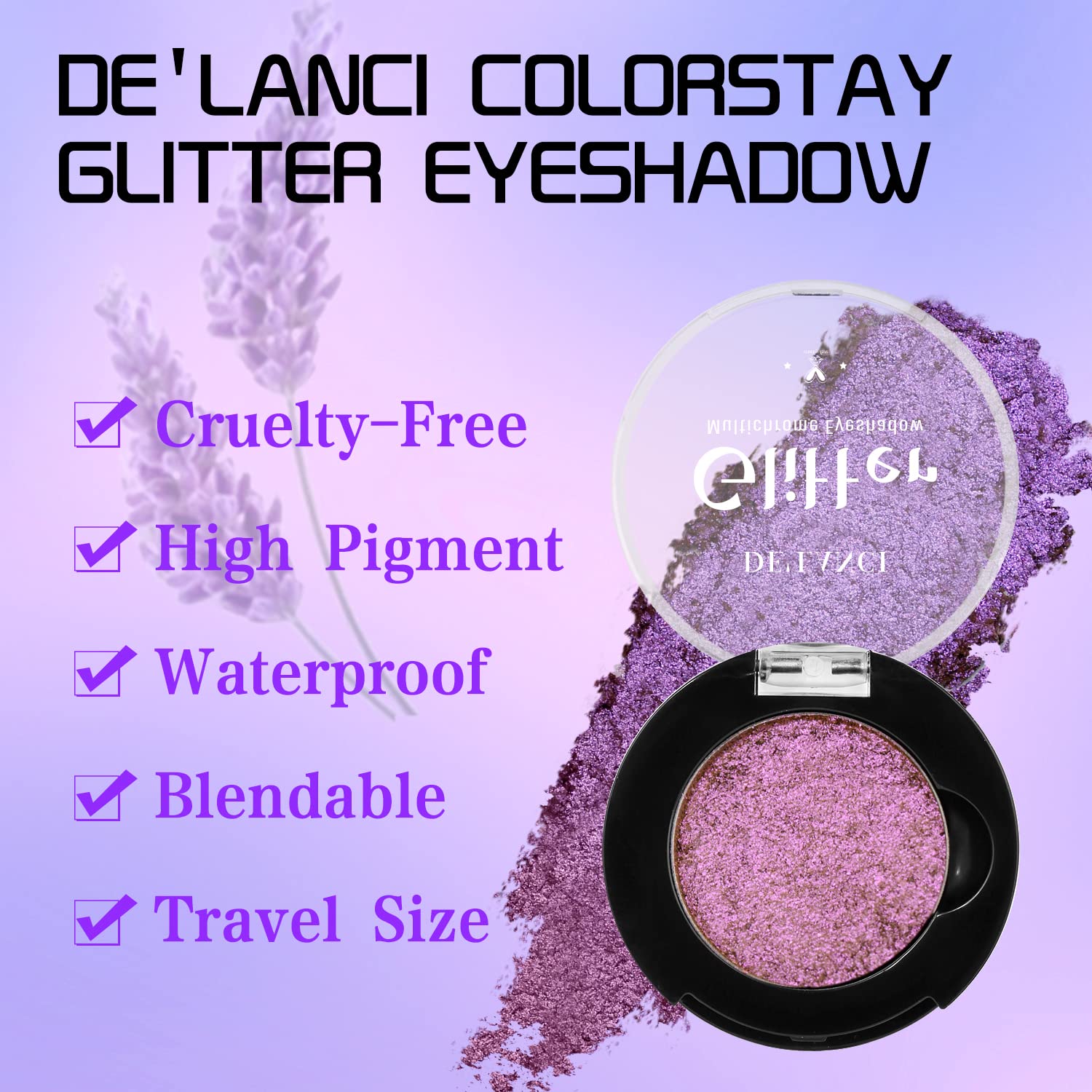 DE'LANCI Purple Eyeshadow Single Palette,Bright Lavender Purple Duochrome Eye Shadow,Highly Pigmented Glitter Violet Metallic Eyeshadow for Women and Girls,Ultra-Blendable,Waterproof Vegan & Talc Free - Image 5