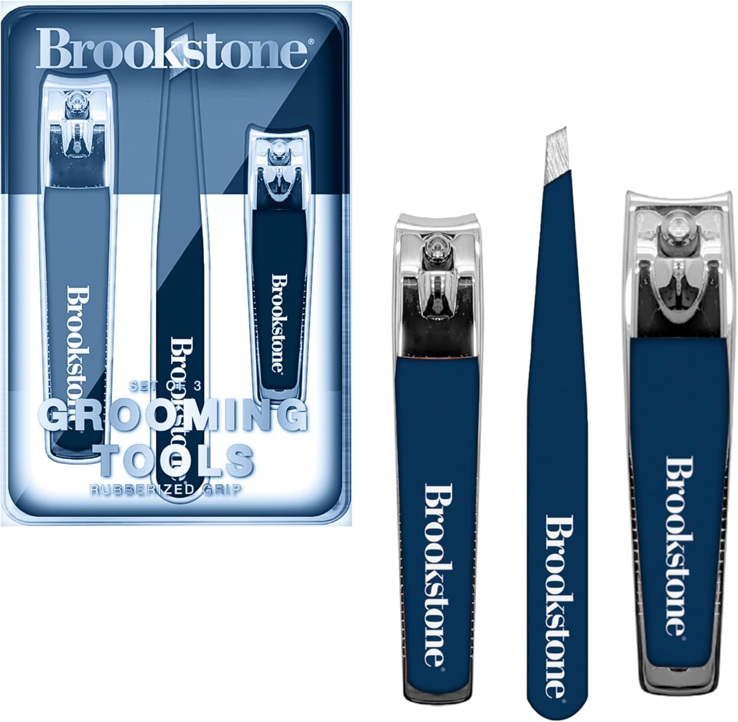Brookstone Nail Clippers Set - Premium Stainless Steel Nail Clipper and Nail Cutter with Rubberized Non-Slip Grip, Includes Case and Tweezer, Two Nail Clippers for Precision Grooming (Navy)