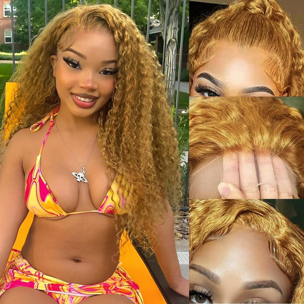 Honey Blonde Wig Human Hair, Deep Wave Lace Front Wigs Human Hair #27 Color Blonde Curly 13x6 Hd Lace Front Wigs Pre Plucked With Baby Hair Lace Frontal Wig 180% Density For Women(20inch)