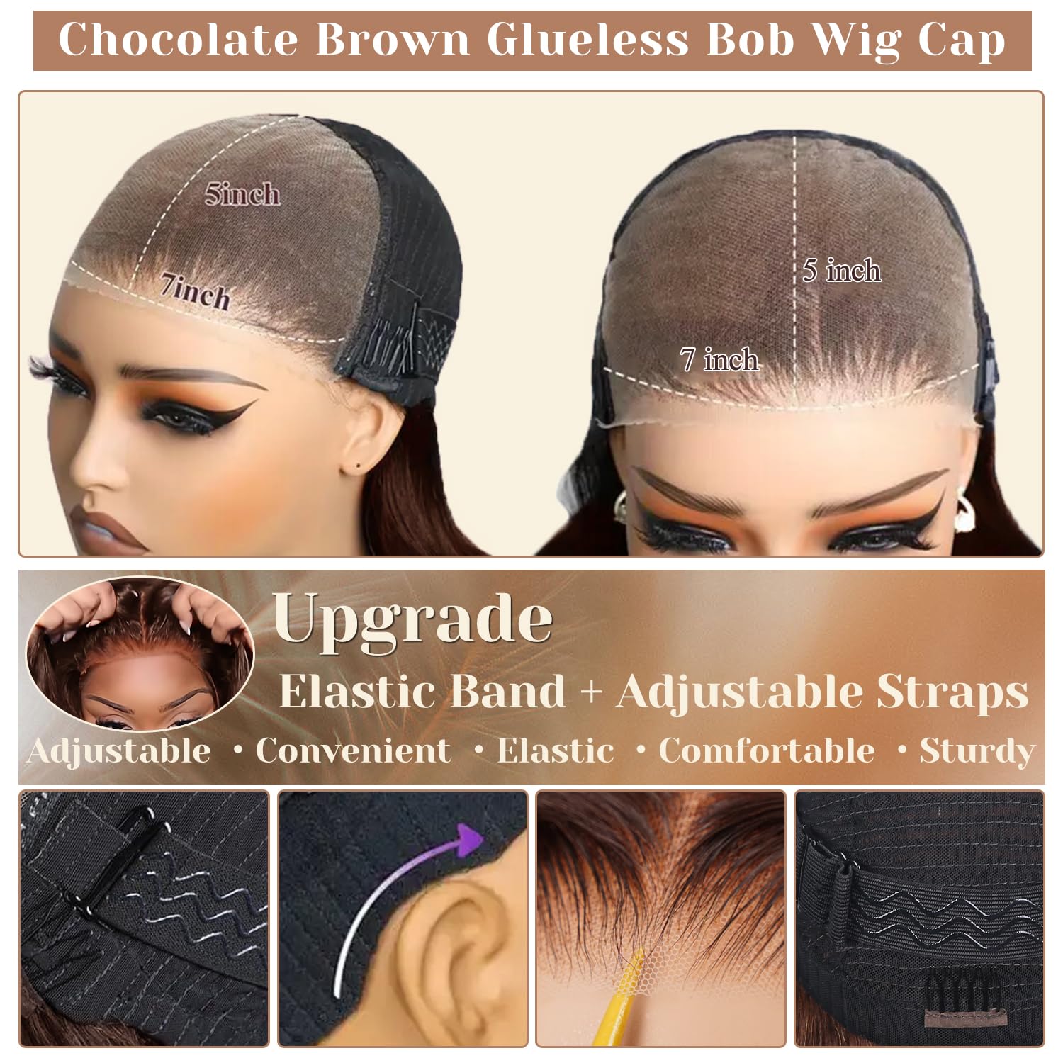 Brown Wear and Go Glueless Wigs Human Hair Pre Plucked Pre Cut 12 Inch 7x5 Chocolate Brown Glueless Bob HD Lace Closure Wig Bleached Knots Short Brown Straight Wig 180% Density for Women - Image 4