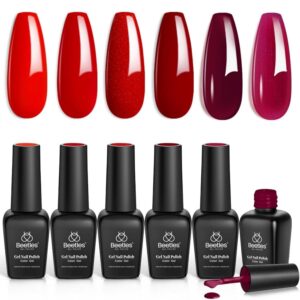 Beetles Red Gel Nail Polish Set - 6 Colors Red Obsession Collection Popular Shimmer Burgundy Gel Polish Kit Nail Art Design Soak Off Uv LED Gel Nail Kit Minicure DIY Home Gifts for Women