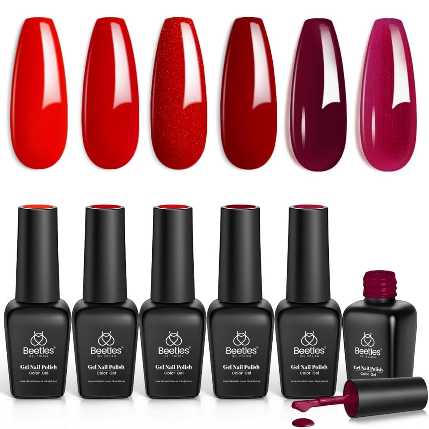 Beetles Red Gel Nail Polish Set - 6 Colors Red Obsession Collection Popular Shimmer Burgundy Gel Polish Kit Nail Art Design Soak Off Uv LED Gel Nail Kit Minicure DIY Home Gifts for Women