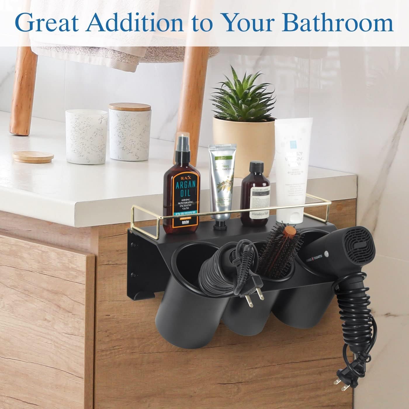 J JACKCUBE DESIGN Hair Dryer Holder Wall Mount Bathroom Vanity Hair Styling Care Tool Accessories 3 Cups Storage Organizer Caddy with Shelf Steel Black Gold- MK1002A (Black) - Image 6