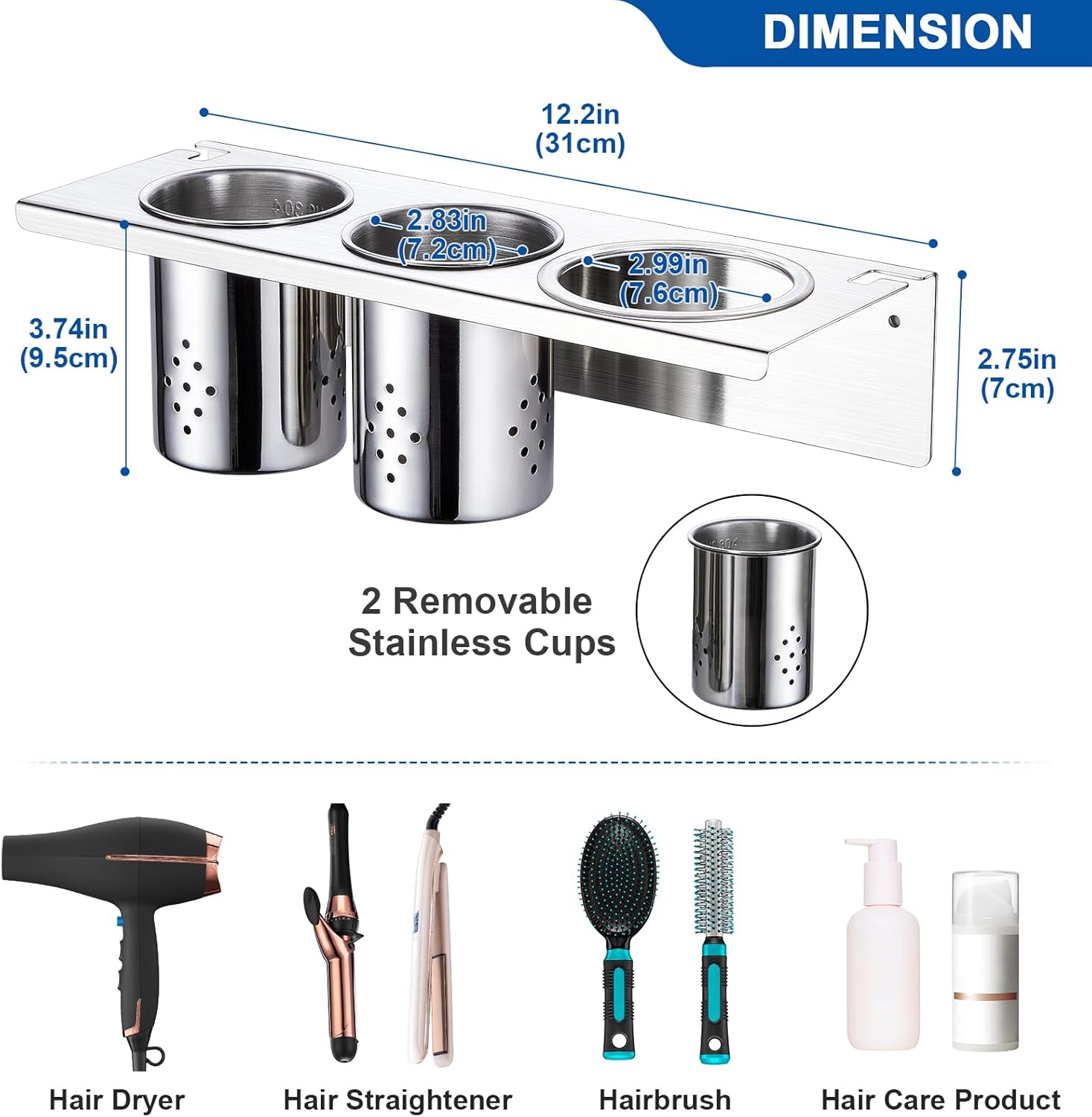 Hair Tool Organizer Wall Mount, Hair Dryer Holder with 2 Cups, Stainless Steel Blow Dryer Holder Curling Iron Holder Wall Mount, Bathroom Vanity Hair Styling Tools Organizer for Brush, Flat Iron - Image 5